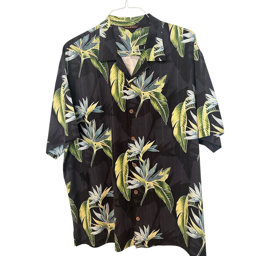 Tommy Bahama 100% Silk Short Sleeve Palm Tree Button Down Shirt Black/Green XL